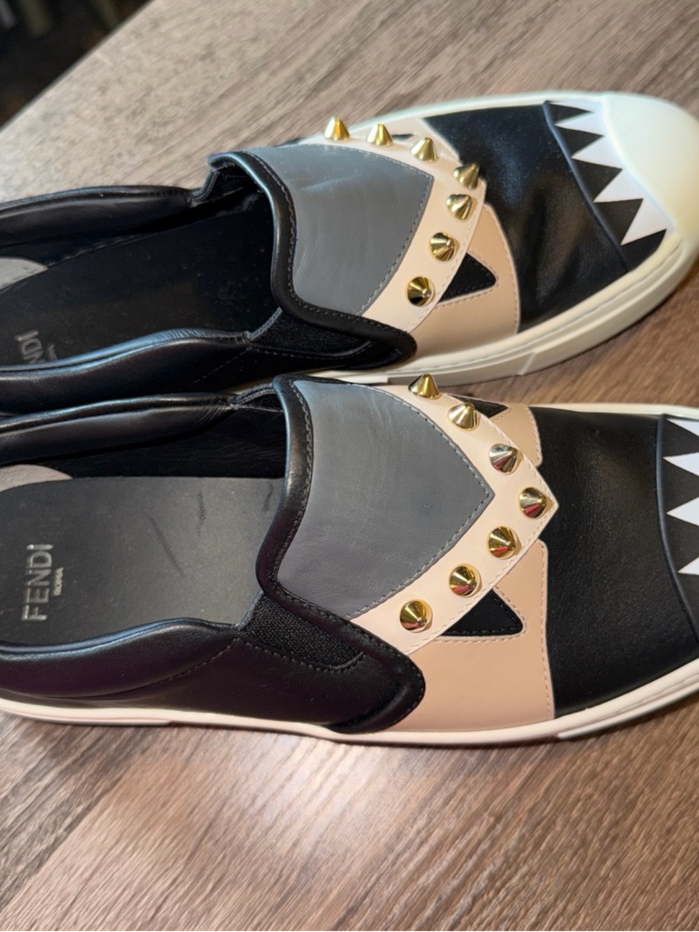 Fendi Black, Gray & Beige Studded Leather Slip-On Sneakers